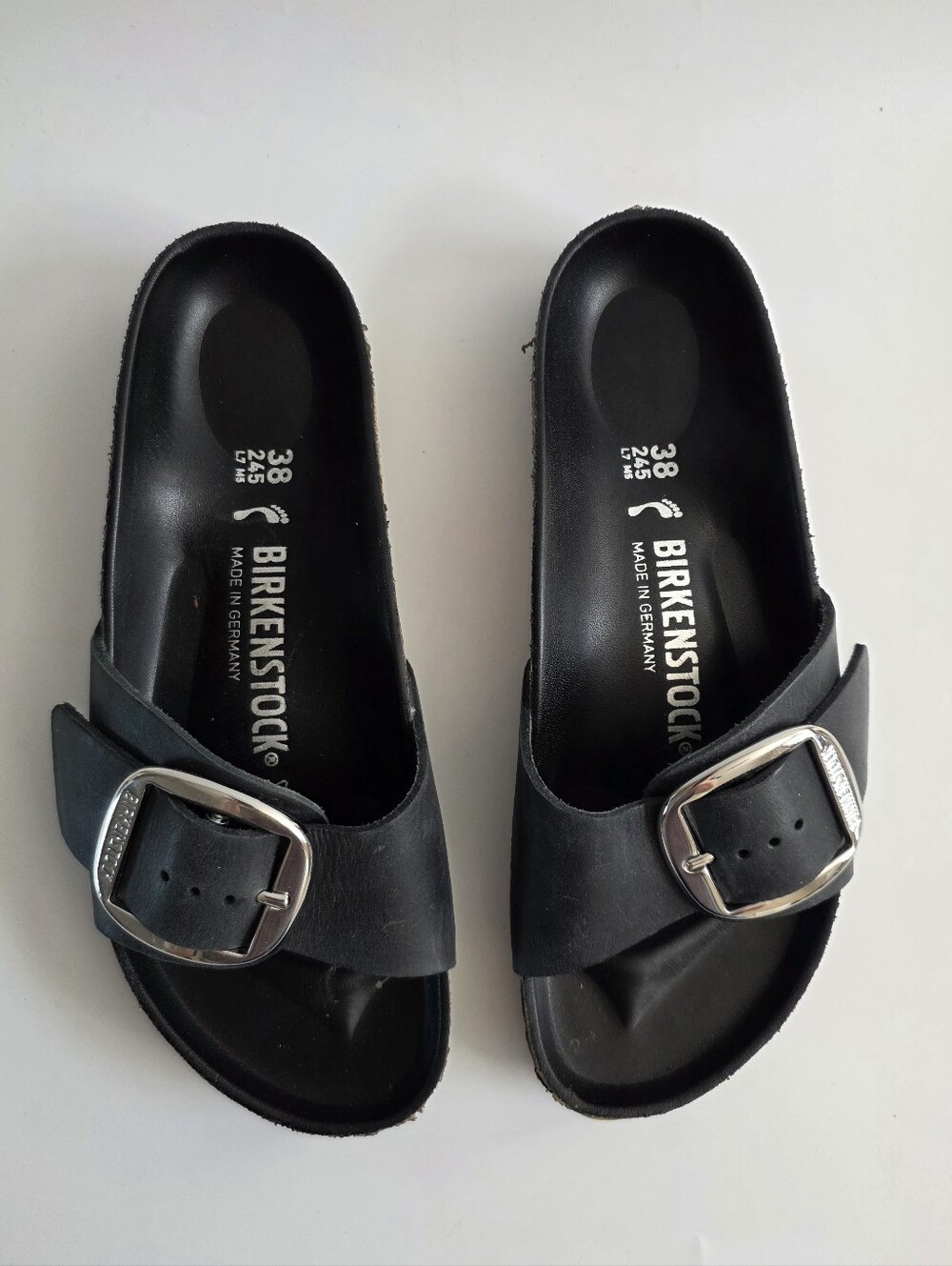 Birkenstock Madrid Big Buckle Slide Sandal Black Oiled Leather Women's Size 38